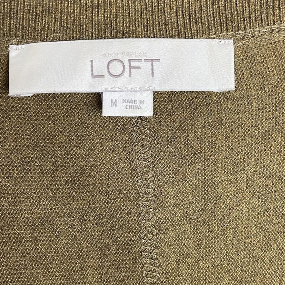 LOFT Medium  Knit Pullover Sweater Olive Green V-Neck Long Sleeve Wool Cotton - Picture 4 of 5